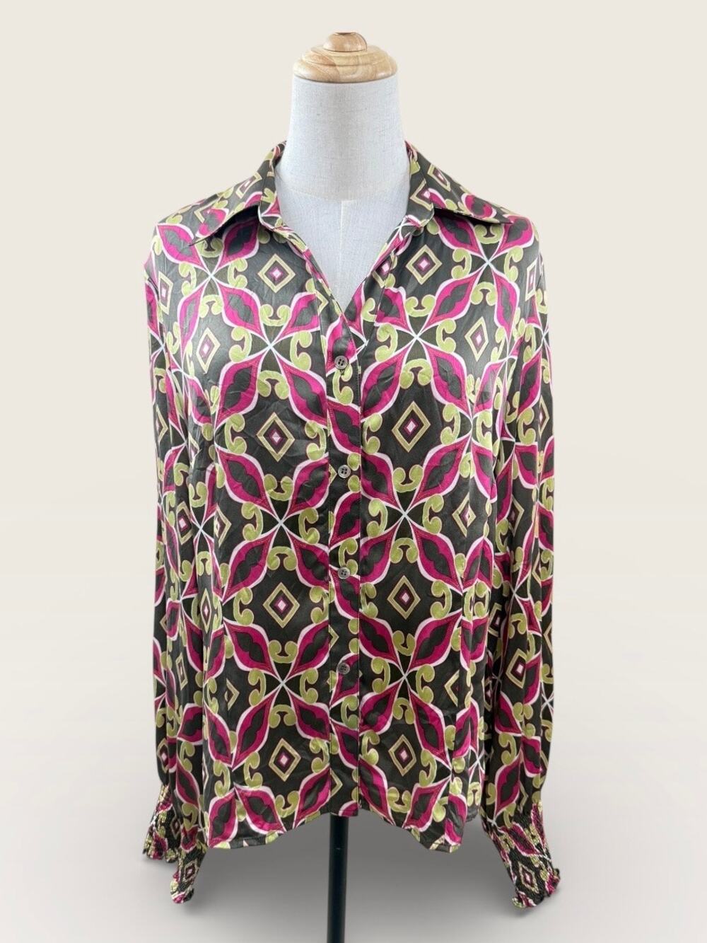 100% Silk Joseph Ribkoff Vibrant Print Blouse with Smocked Cuffs, Size M